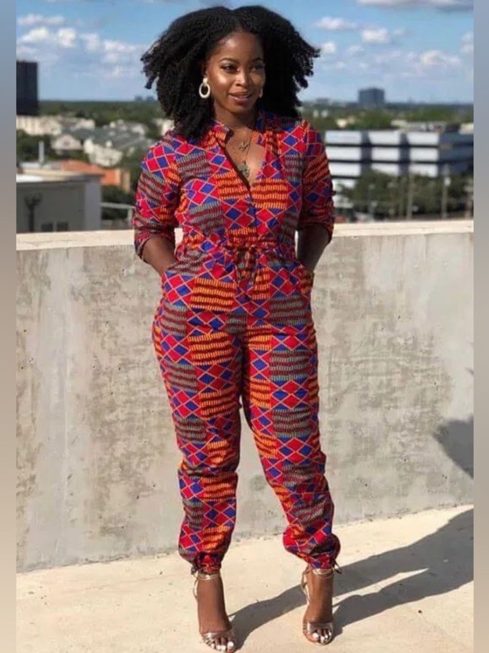 D’iyanu Bold Kente Print Jumpsuit in Red & Blue with Ankle Ties - XL